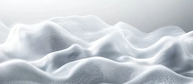 Abstract white wave composition with gentle curves, subtle highlights, and a fine mesh texture creating a calm, futuristic landscape.