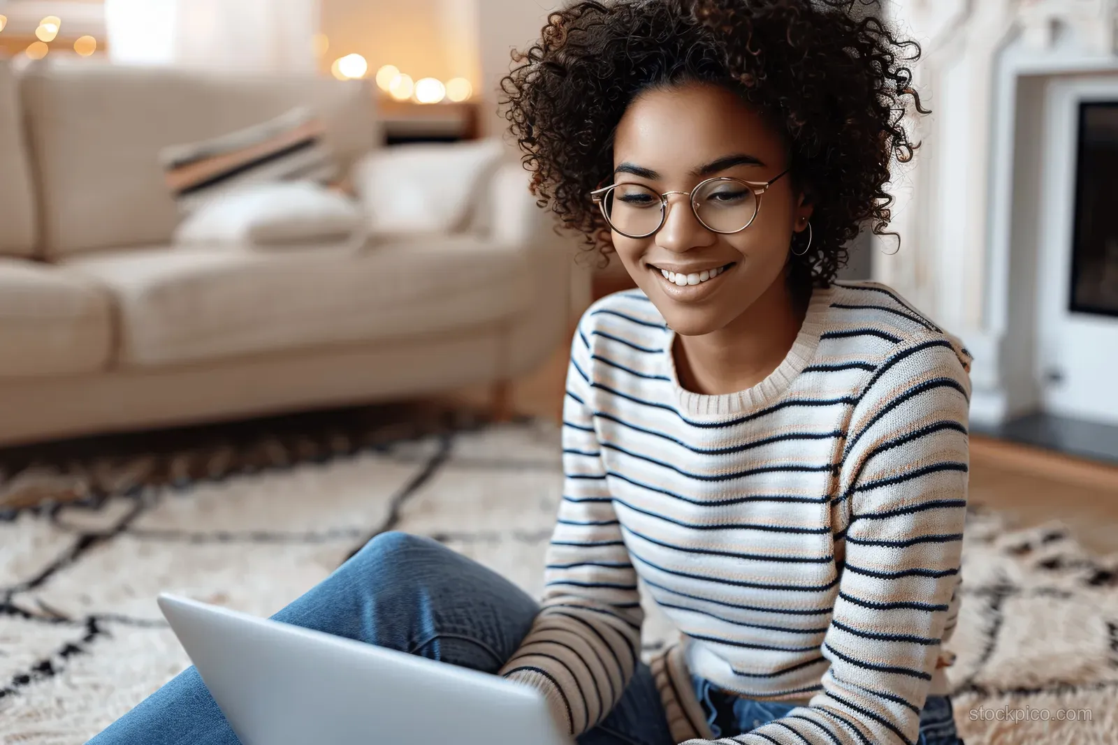 Woman sitting on a living room floor using a laptop.