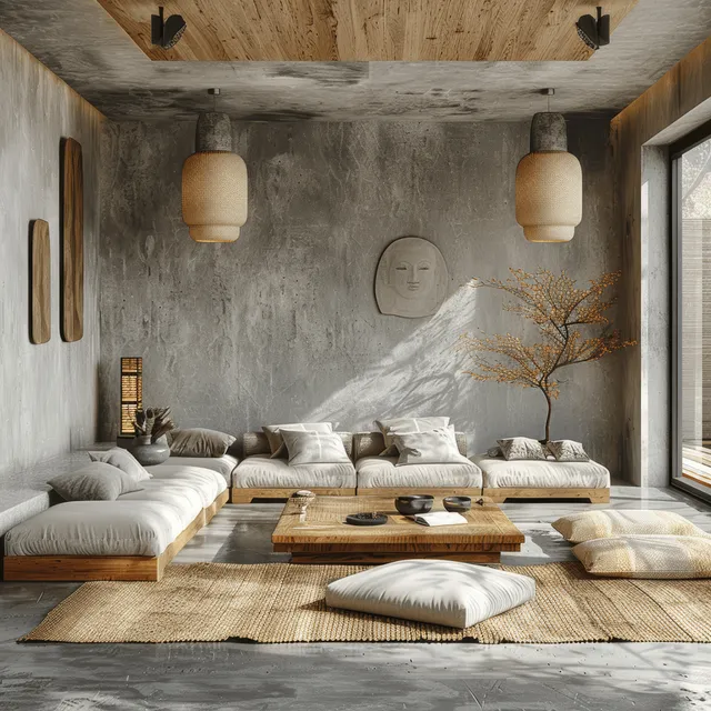 Japandi minimalist living room with concrete wall, wooden furniture, layered floor cushions