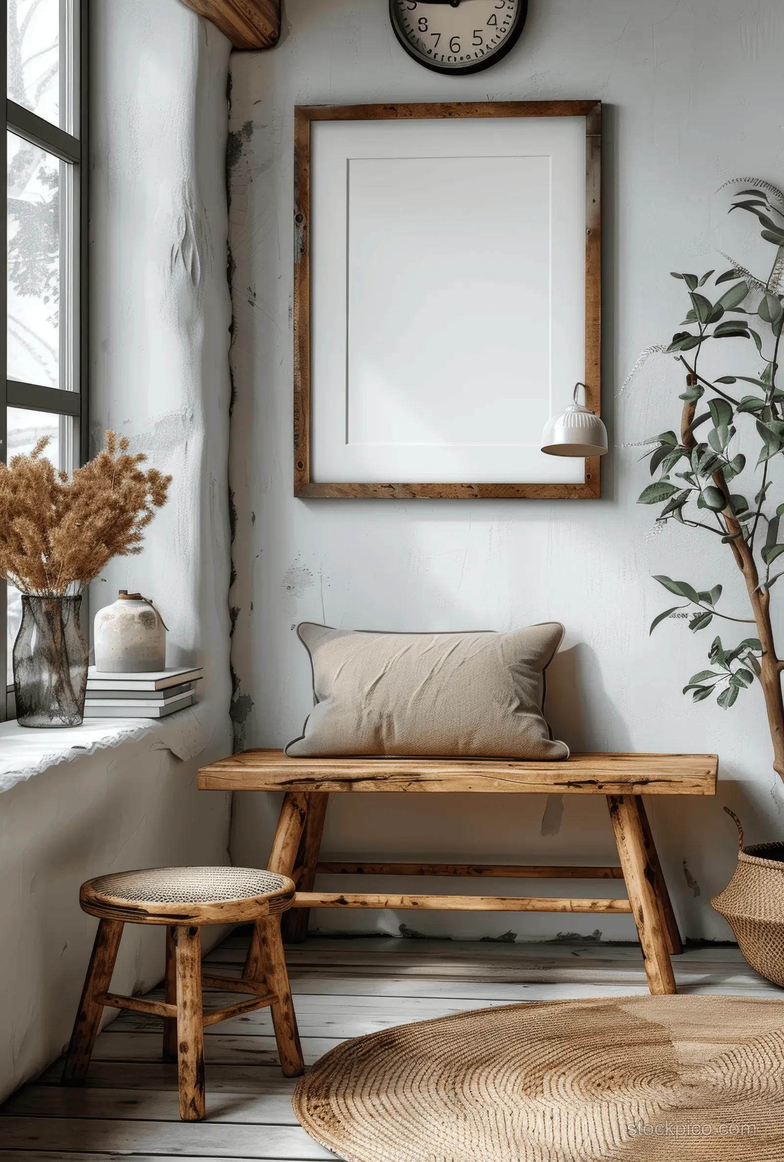Nordic living room with a blank wall picture frame, rattan side tables, and soft sunlight from a window.