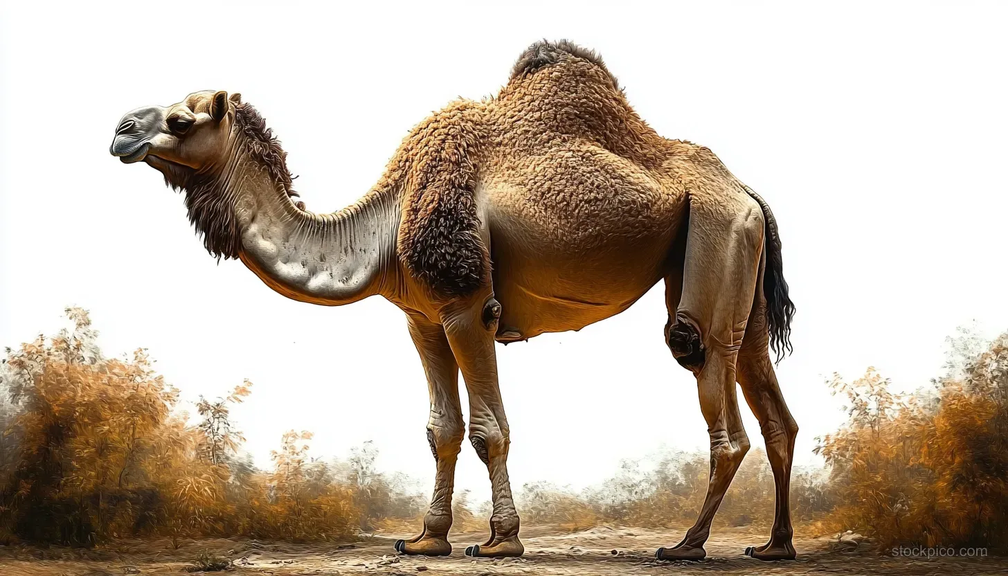 A camel stands in side profile on dry desert ground with sparse bushes under bright sky.