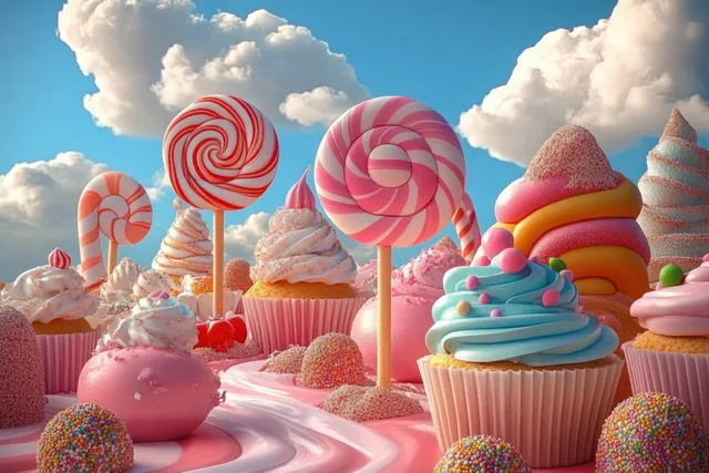 Colorful Candyland dessert scene with striped lollipops, frosted cupcakes, and candy mounds beneath fluffy clouds.