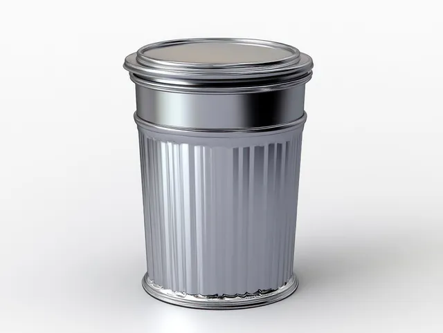 Metal trash can with a slightly leaning lid against a clean white studio background.