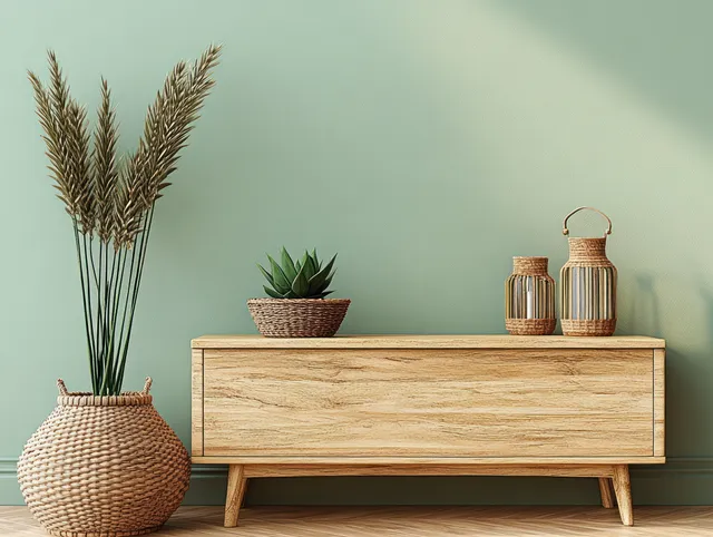 A wooden sideboard on a soft green wall is styled with a woven basket, succulent plant, and decorative lanterns.