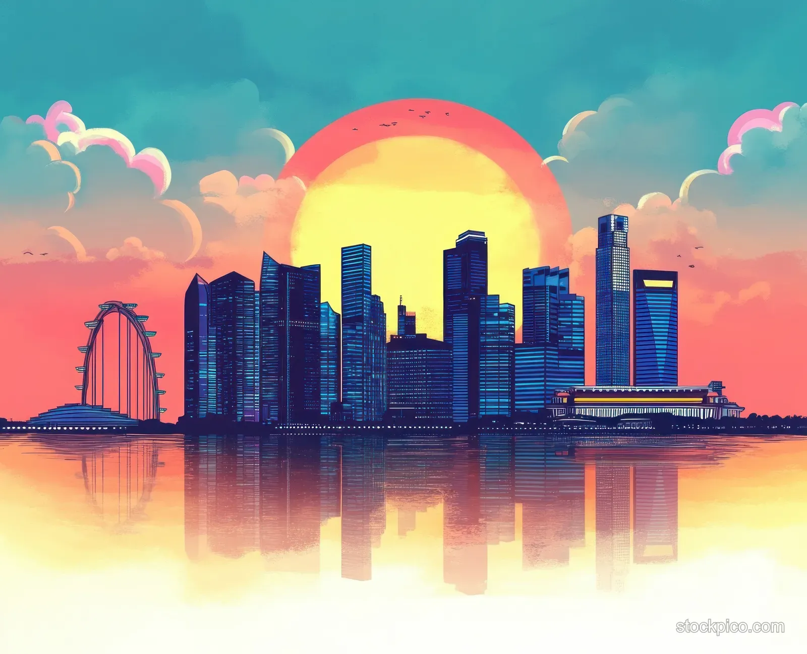 Pastel vector skyline of futuristic Singapore with bold outlines, sunset sky, and reflections on still water.
