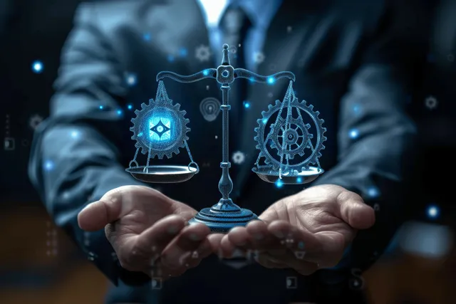 A businessman holds out his hands while glowing justice scale and AI network icons hover above.