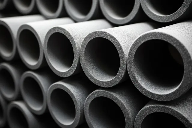 Stacked grey foam pipe insulation tubes with hollow circular openings fill the frame in close-up.