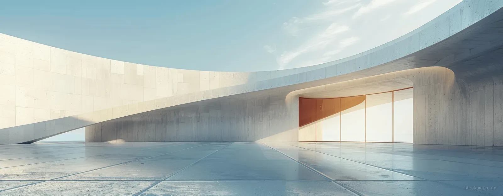 Empty modern concrete courtyard with a curved wall and a recessed entrance opening under bright light.