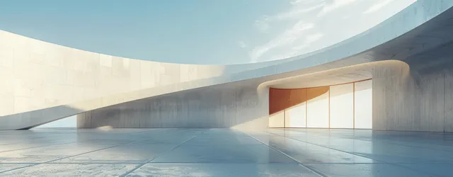 Empty modern concrete courtyard with a curved wall and a recessed entrance opening under bright light.