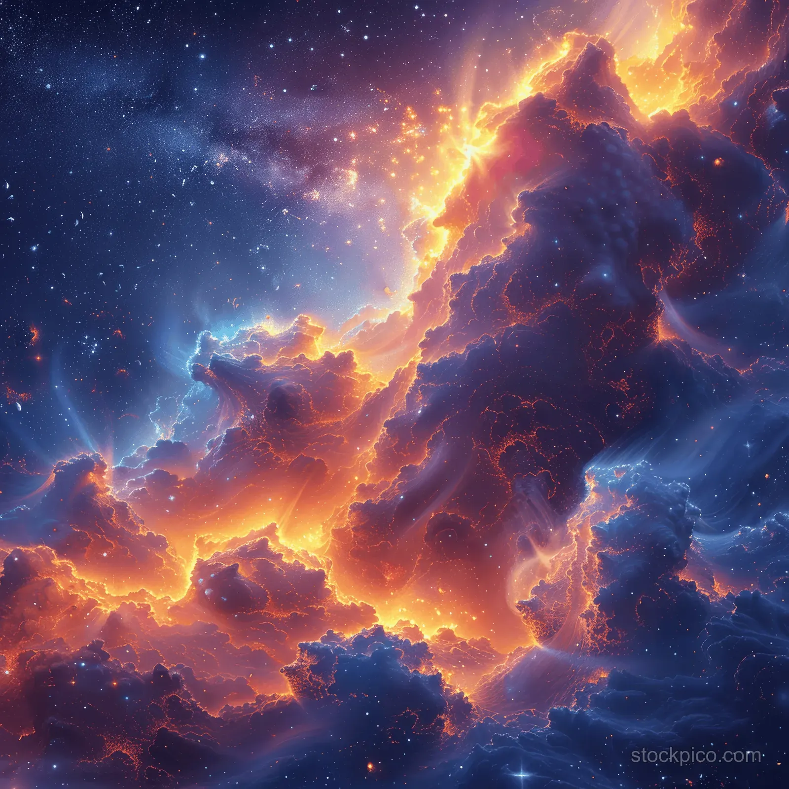 Glowing nebula clouds and stars fill a colorful cosmic space scene.