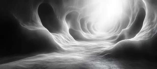 Monochrome abstract void swirling through misty light, grainy texture and dramatic contrast