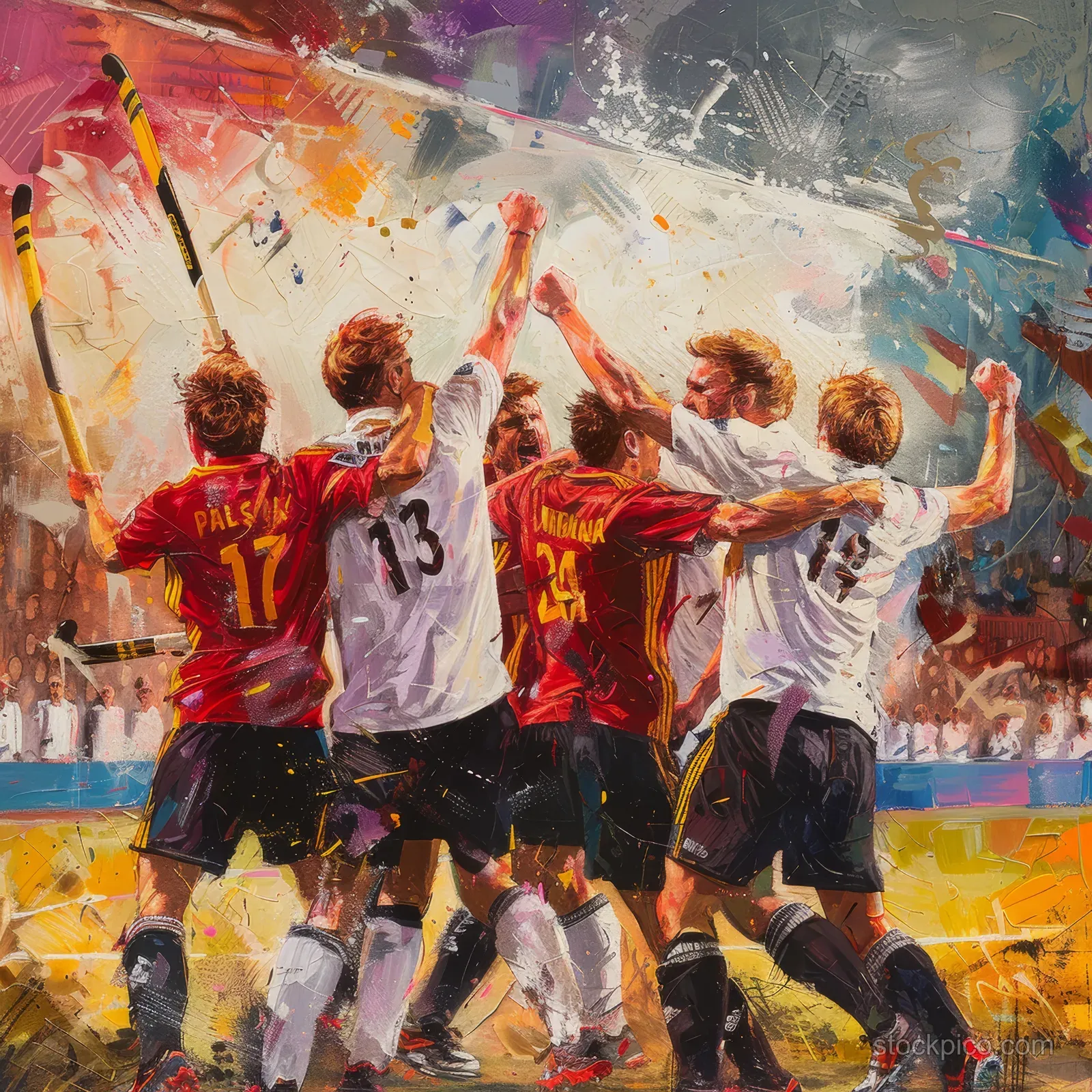 German men’s field hockey players embrace and raise arms in a cheering stadium celebration.