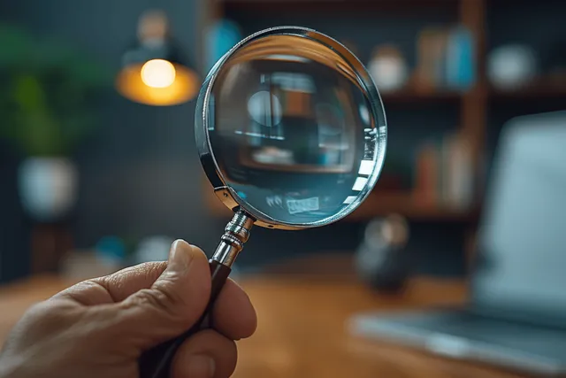 A hand holds a magnifying glass over accounting papers on a desk in a blurred office.
