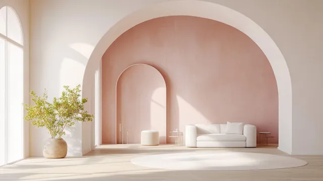 Minimalist living room scene with an arched alcove, cream couch, small stools, and dappled sunlight on the floor.