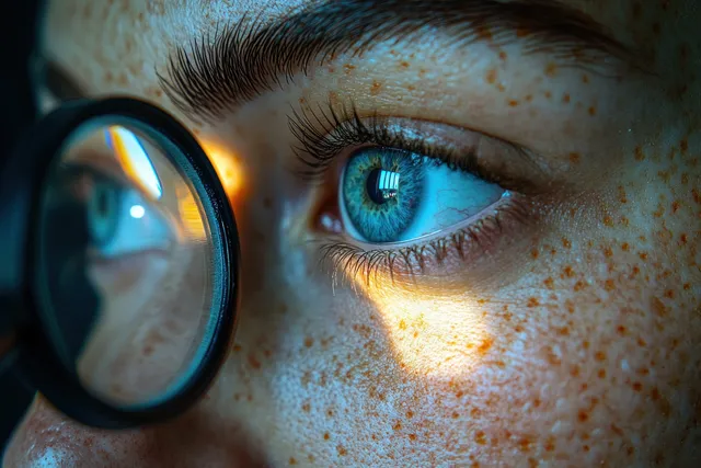 Vista em close da pele com sardas enquanto a lente de um dermatoscópio amplia o paciente durante um exame dermatológico.