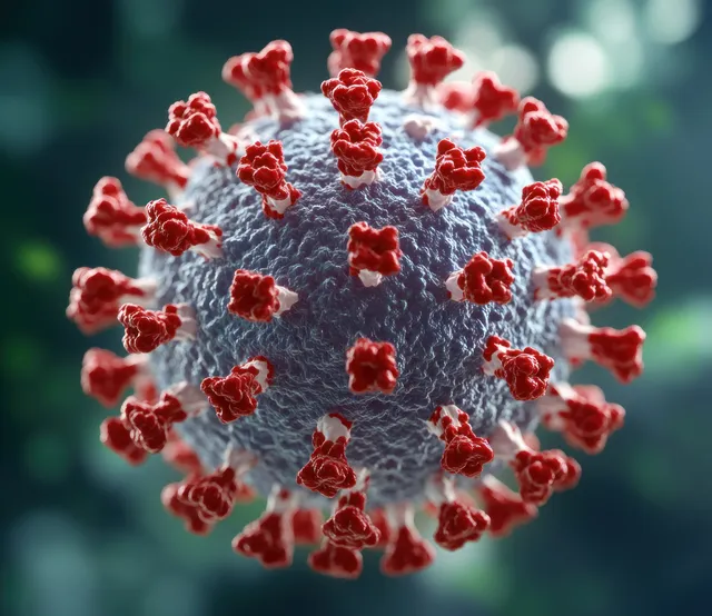 A 3D-rendered virus sphere with red spike proteins floats against a blurred medical background.