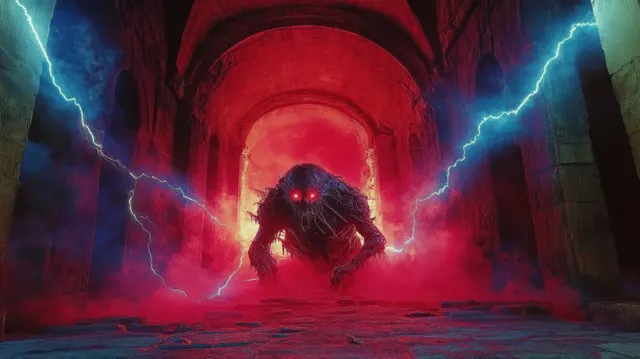 A dark monster with glowing red eyes emerges from a misty stone tunnel while blue lightning flashes overhead.