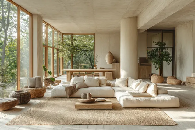 A three-generation family relaxes on a sunlit sectional sofa in a modern living room with large windows.