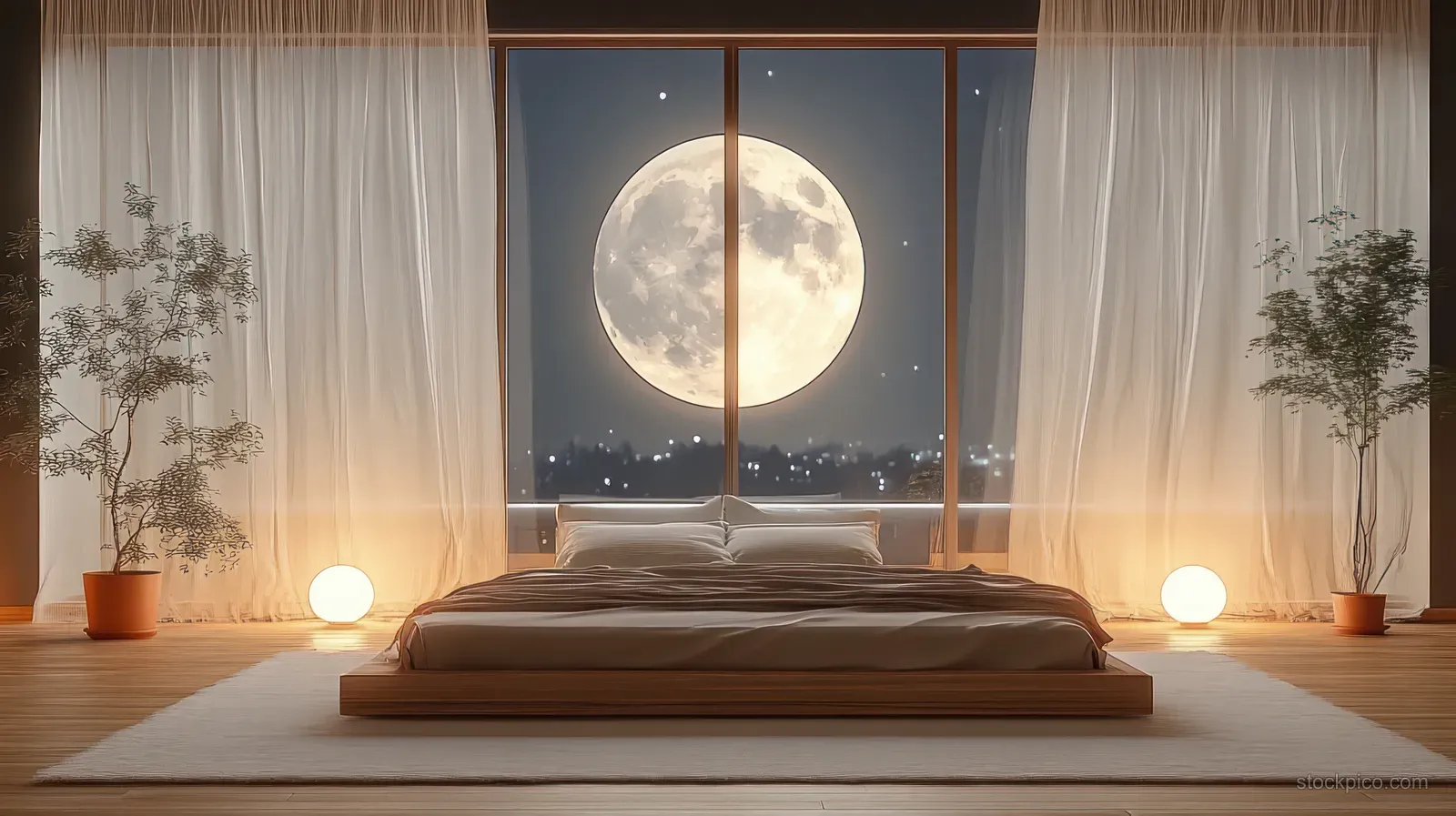 Minimalist bedroom at night with bed, sheer curtains, indoor plants, glowing round lamps, and a large full moon visible through the window.