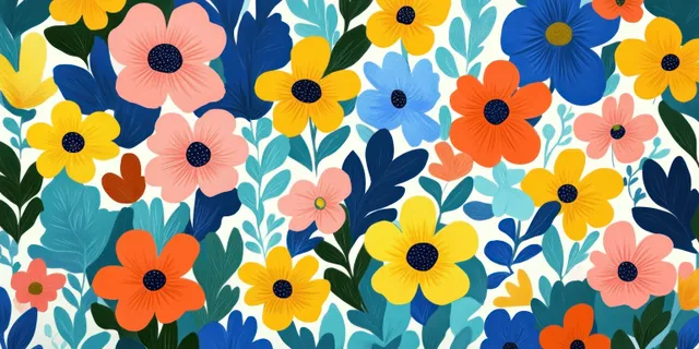 Colorful flowers and teal-green leaves arranged in a repeating floral pattern on a white background.