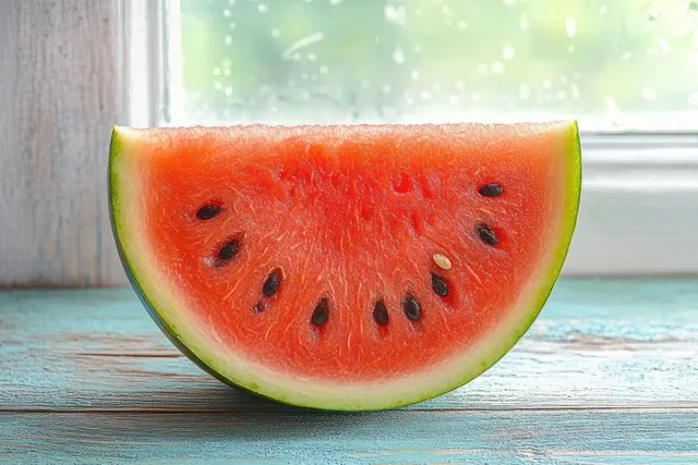Fresh Watermelon Slice on Weathered Wooden Table by Window Light