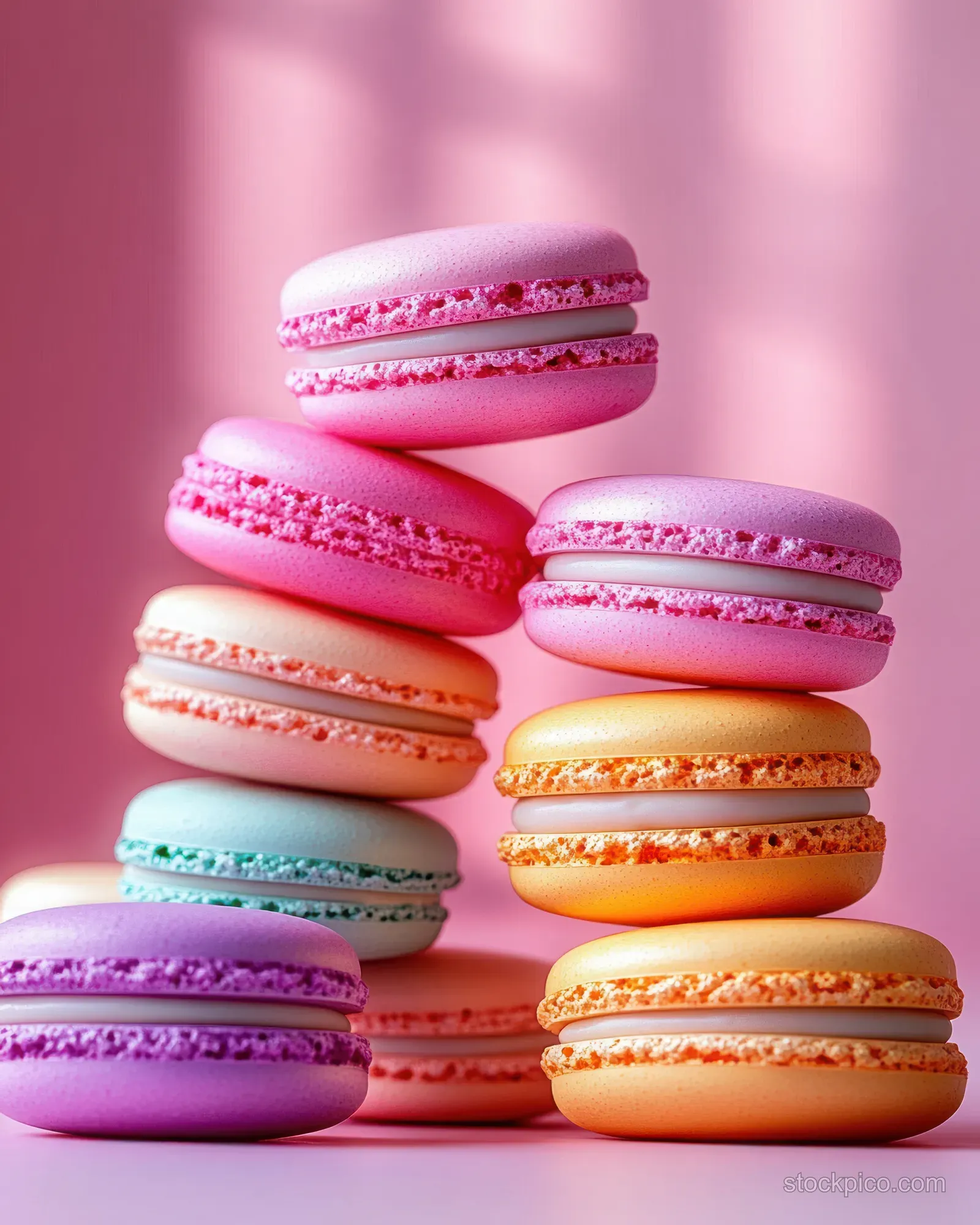 Colorful French macarons are stacked on a soft violet background, showing pastel shells and filling in close up.