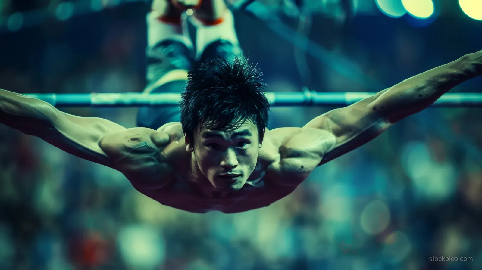 A Chinese male gymnast holds a mid-air ring pose with arms extended while the arena lights and crowd blur behind.