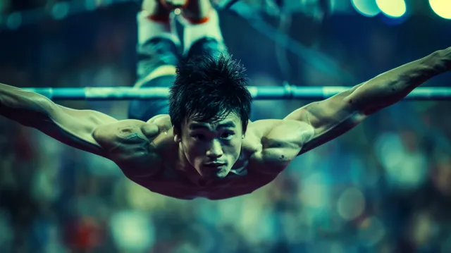 Chinese male gymnast holds a muscle-up on rings mid-air, intense focus under arena lights