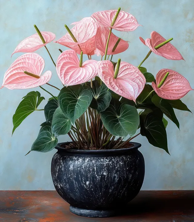 Pink heart-shaped anthurium flowers and green leaves grow from a black ceramic pot against a soft blue-grey background.