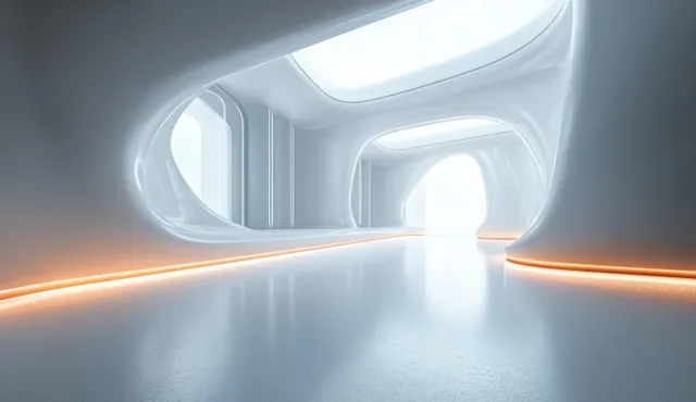 Minimal futuristic corridor interior with soft glowing light strips and smooth rounded walls