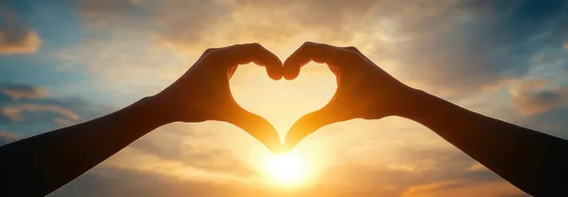 Silhouetted hands form a heart around the glowing sunset sun