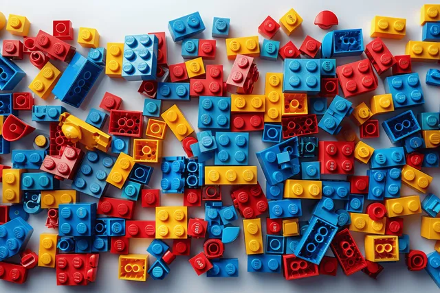Scattered colorful plastic building bricks on a white background with empty space for text.