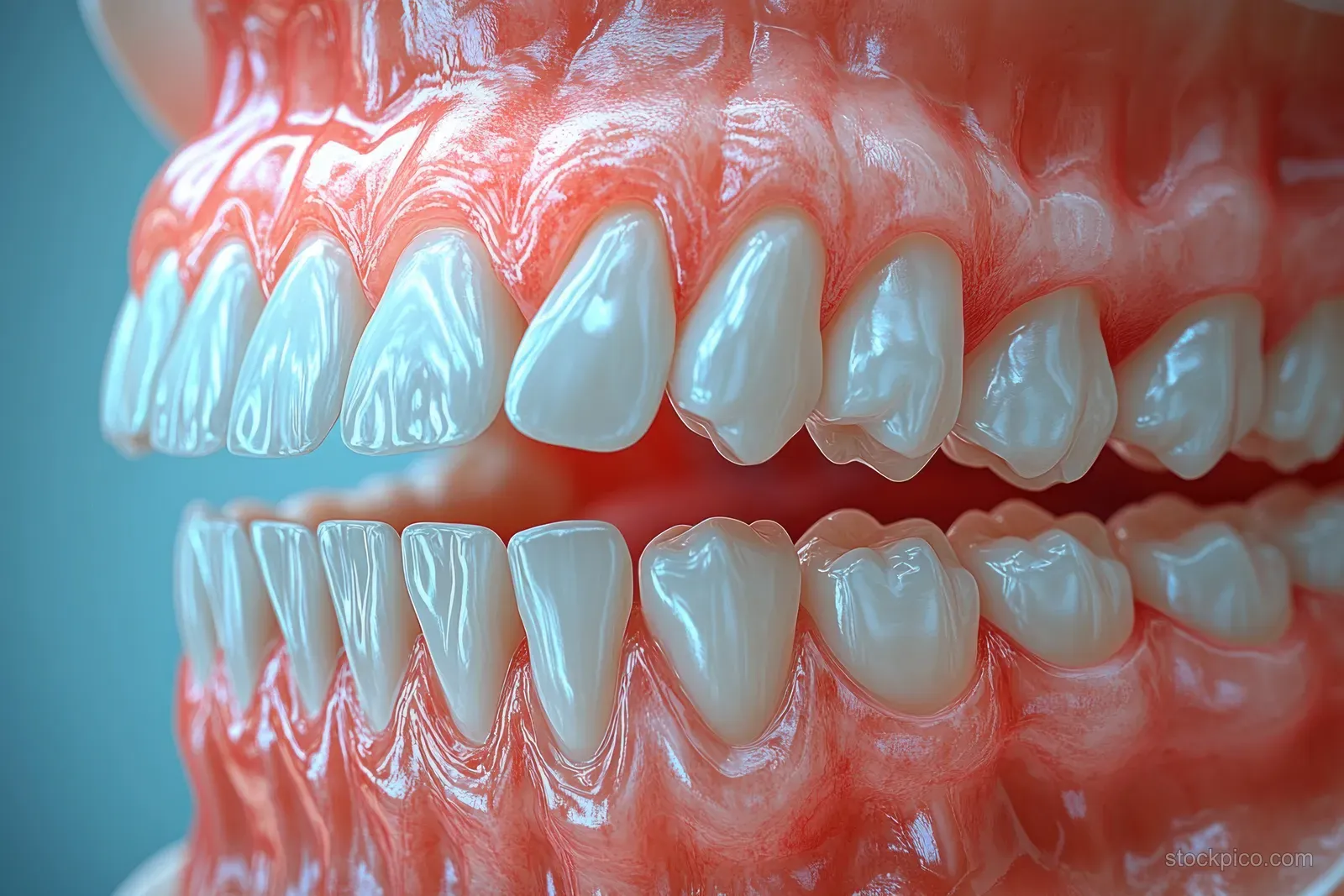 Illustrated upper and lower teeth with healthy gums and detailed enamel shine on a blue background.