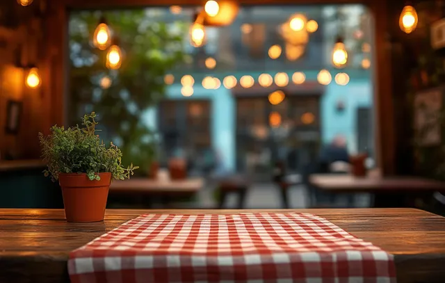 Red and white checkered tablecloth with a small potted plant on a wooden cafe table beneath warm hanging lights.
