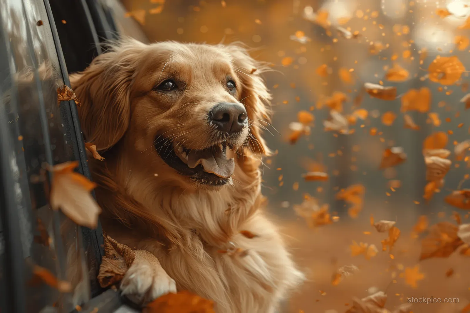 Golden retriever leans from a car window as autumn leaves blow past in windy road trip scenery.
