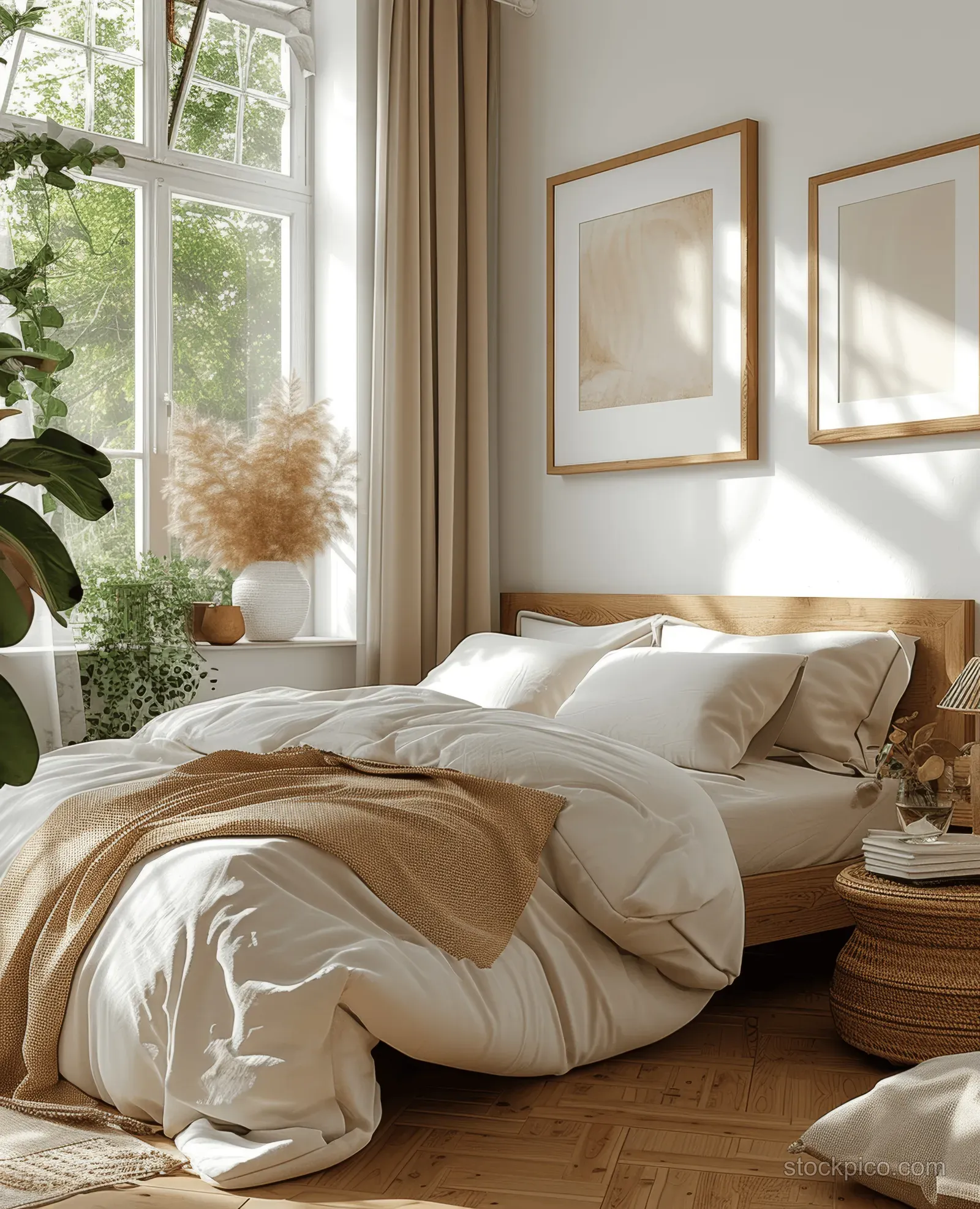 Bohemian bedroom with vertical oak picture frame mockups and beige and white linen bedding under warm sunlight.