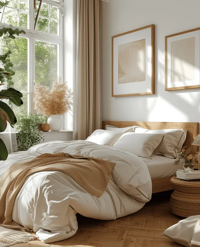 Bohemian bedroom with vertical oak picture frame mockups and beige and white linen bedding under warm sunlight.