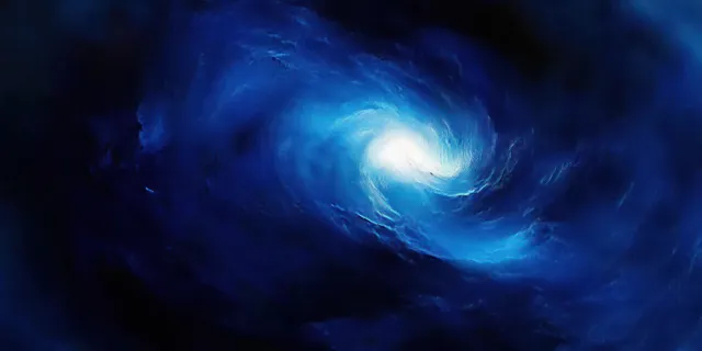 Swirling blue and white luminous spiral galaxy with glowing core against dark deep space