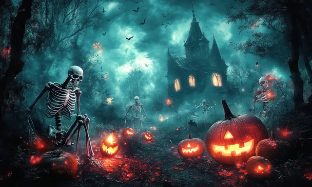 Skeleton and carved pumpkins sit in a foggy cemetery forest as blue moonlight illuminates a distant haunted house.