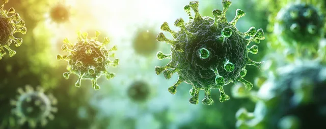 Glowing green coronavirus particles float in a softly blurred medical background.
