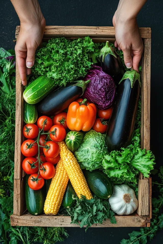 Hands lifting a wooden crate packed with colorful vegetables against a dark background