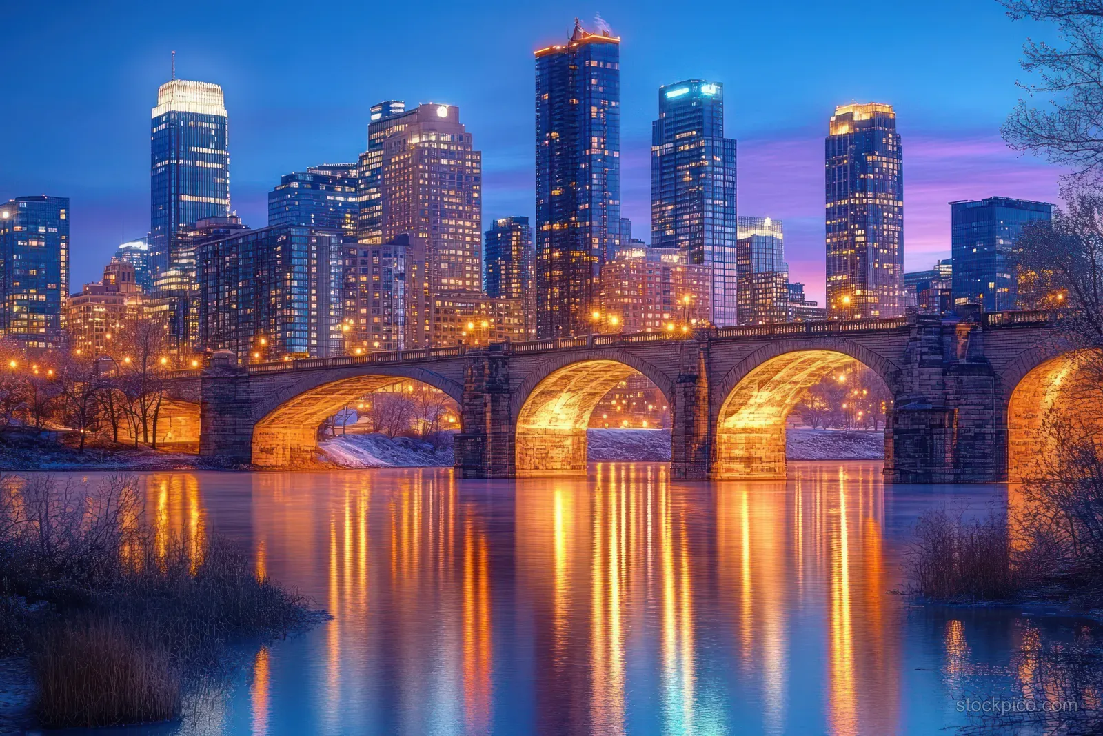 Stone Arch Bridge arches over the Mississippi River with illuminated downtown Minneapolis skyscrapers at twilight.