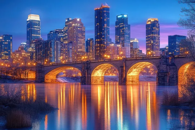 Stone Arch Bridge arches over the Mississippi River with illuminated downtown Minneapolis skyscrapers at twilight.