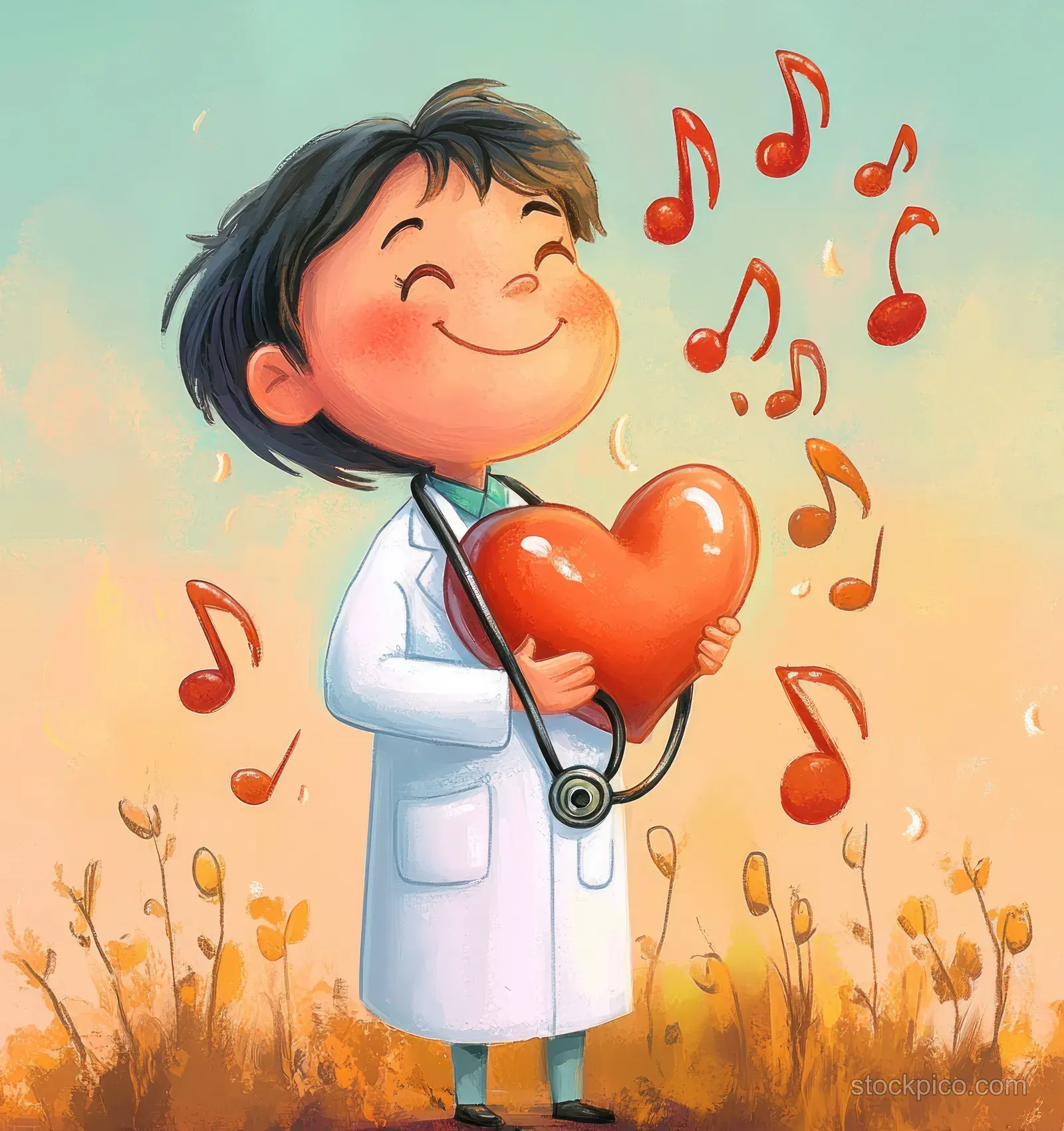 Cartoon doctor in a white coat listens to a glowing red heart with a stethoscope amid musical notes.