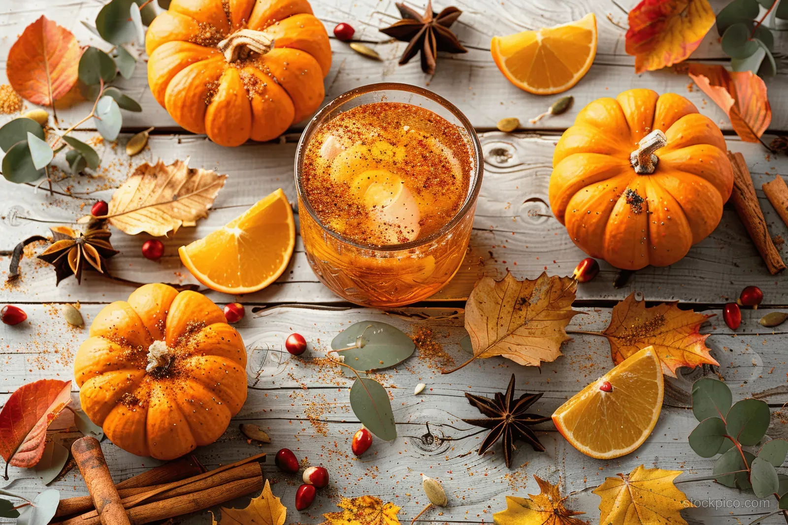 Autumn pumpkins, orange slices, cinnamon sticks, and fallen leaves arranged on a white wooden table top view.