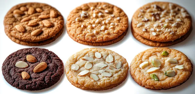 Six nut-topped cookies arranged in two rows on a white background, showing almond and pistachio pieces.