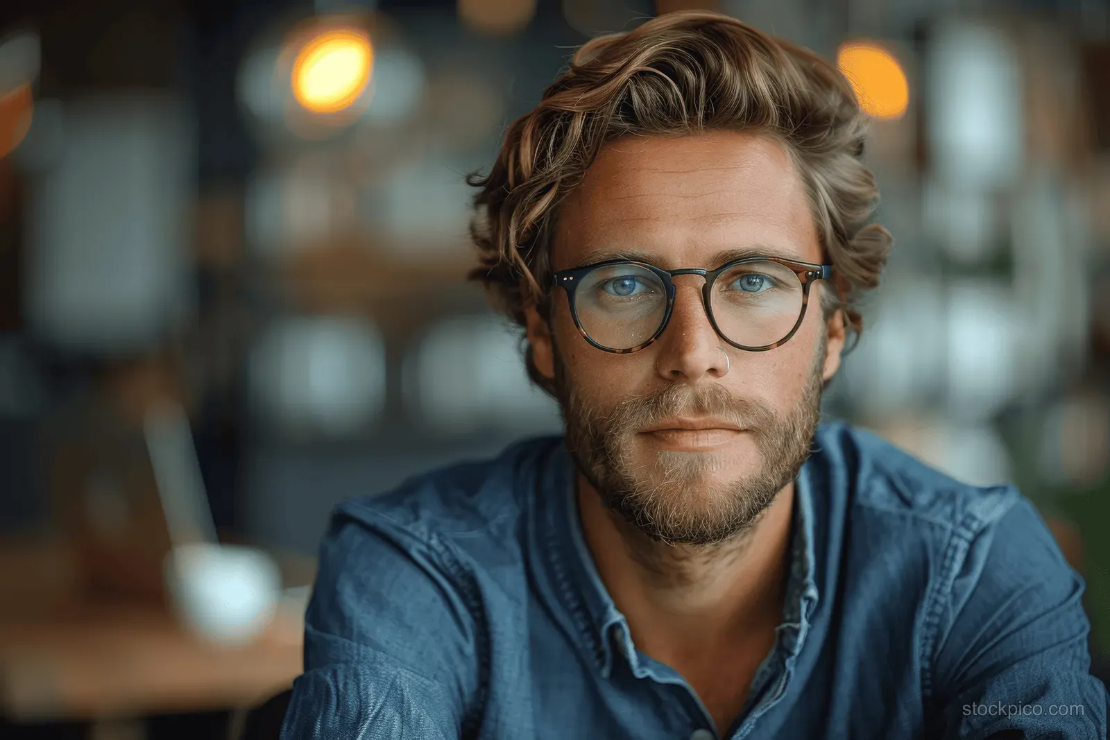 Focused man in glasses typing on a laptop at an office desk with blurred lights behind him.