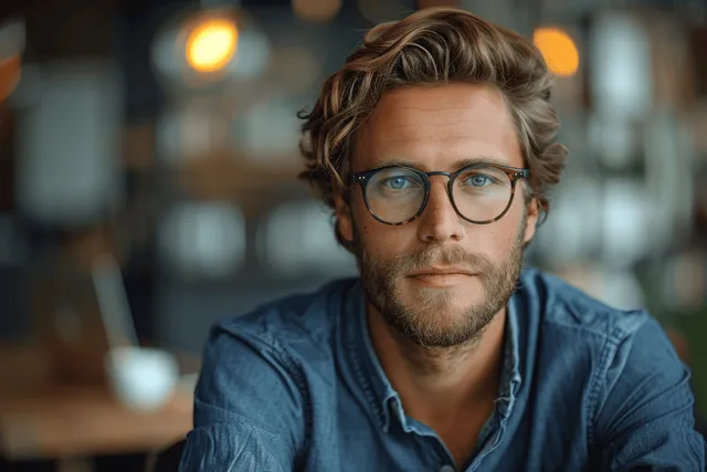 Focused man in glasses typing on laptop at office desk with blurred city lights