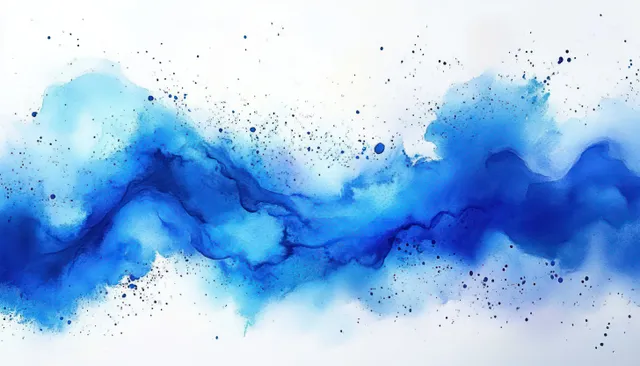 Blue watercolor splash forms cloudlike shapes with paint splatters and speckled dots on textured paper.