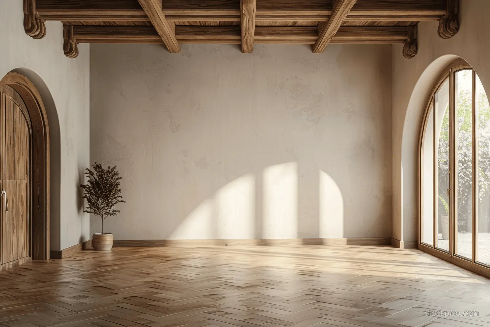 Empty minimalist room with wooden beams, herringbone parquet floor, arched windows, and a small potted plant in sunlight.